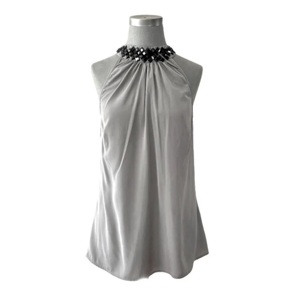 Vero Moda Women's Gray Halter Beaded Neck Top S Crystal Sleeveless Blouse Bow